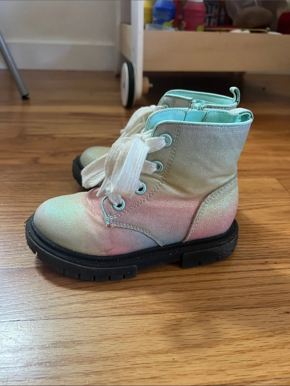 Kids Iridescent Pastel Lace-Up Boots - Mint & Pink - size 9